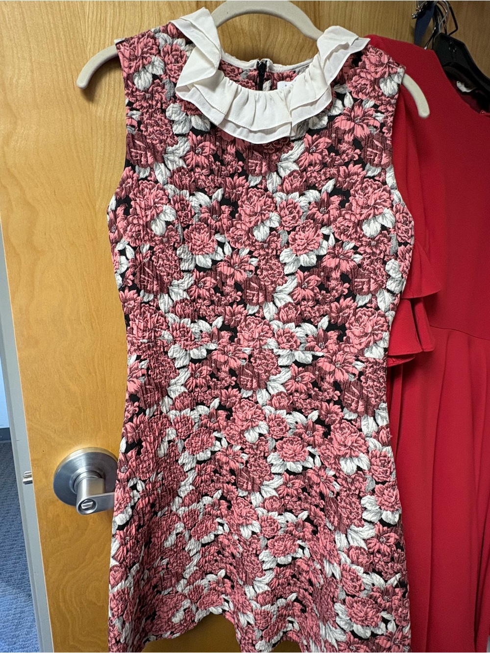 Sandro Pink and White Floral Midi Dress with Ruffle Collar